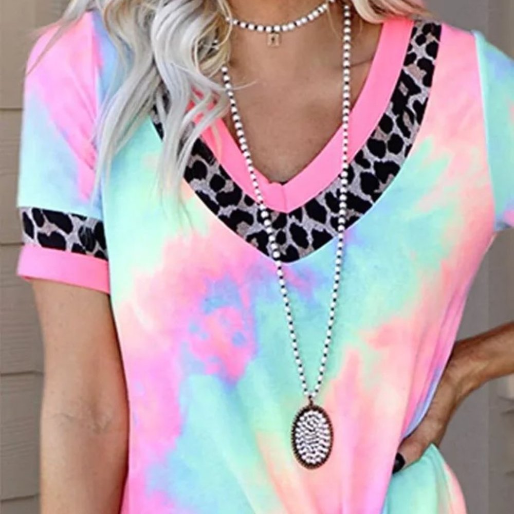 tie dye top with leopard trim